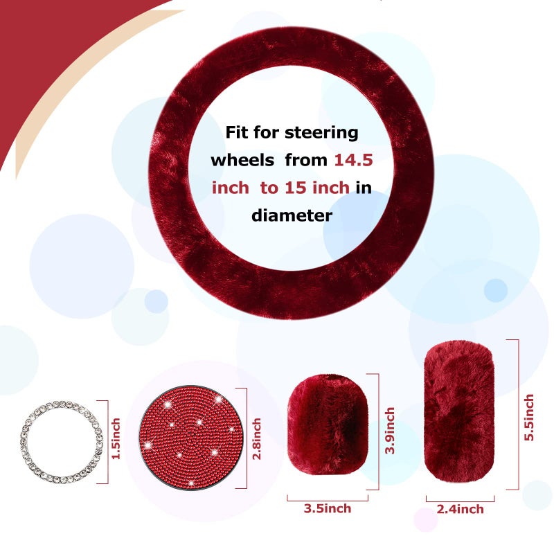 Frienda 10 Pcs Fluffy Car Steering Wheel Covers Handbrake and Gear Shift Cover Seat Belt Shoulder Pads Diamond Mat Ignition Ring Ball Key Chain Armrest Box Mat Car Accessories Set(Wine Red) - Image 4